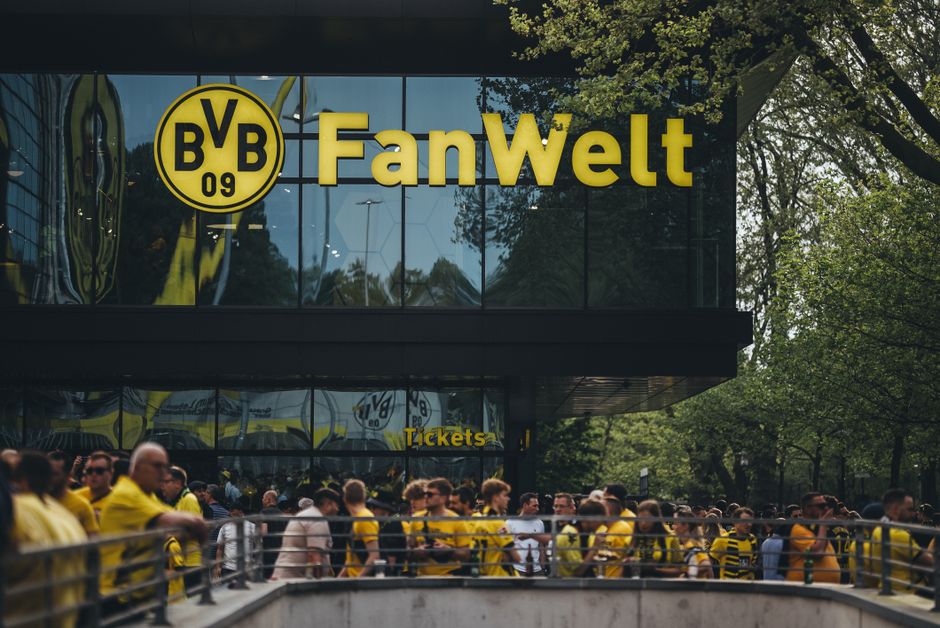Fans gather at Dortmund's Fanwelt outside Signal Iduna Park on match day.
