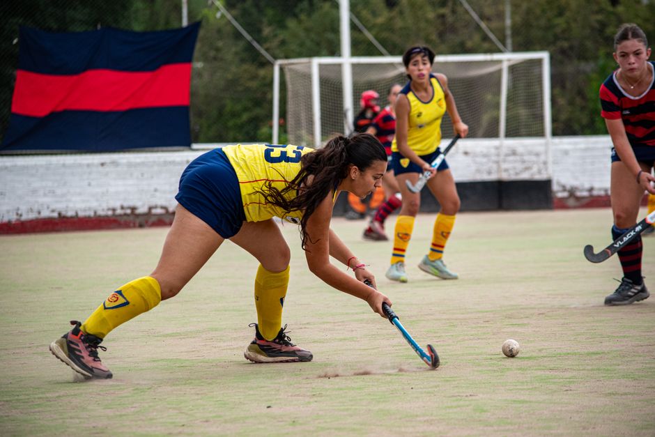 Dynamic action shot of female field hockey players competing on a grass field.
